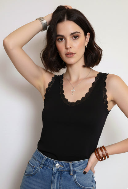 Remera Básica Cuello Rdedondo con Puntilla  (Color Nude, Rosa, Amarrilo y  Negro)